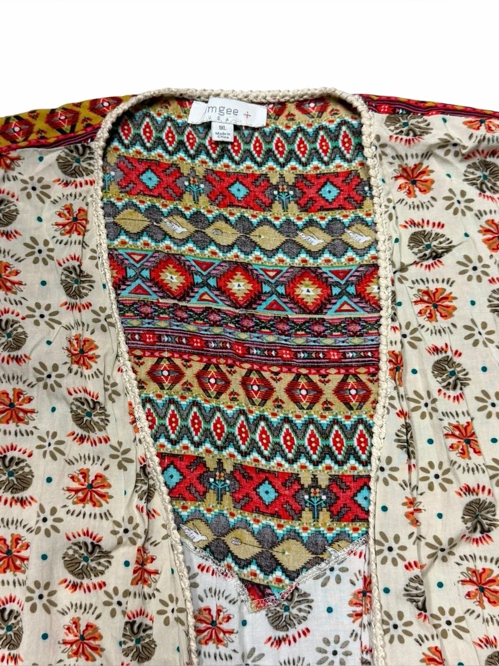 Umgee Boho Aztec Fringe Long Duster Vest Crochet Trim Plus Size 1XL - Picture 14 of 16